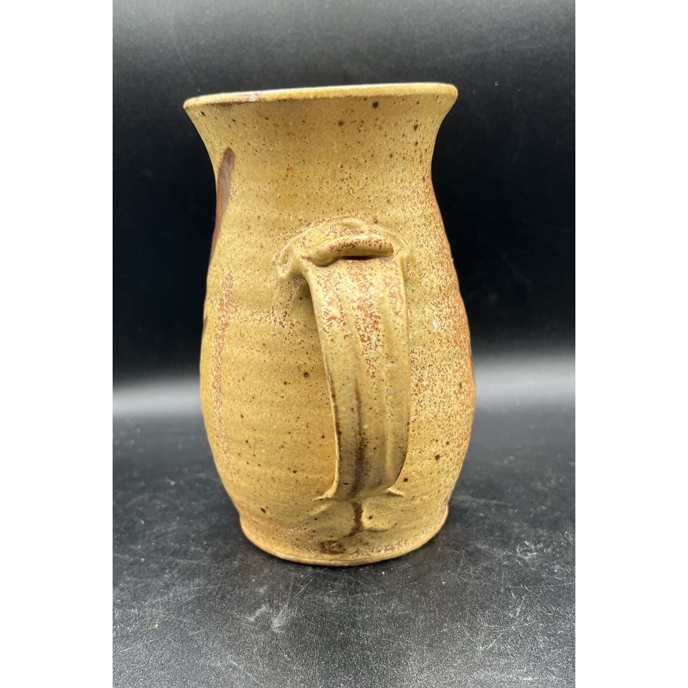 Studio Pottery Hand Thrown Pitcher Tan Brown Speckled Leaf Motif Signed K 7in - Picture 2 of 9